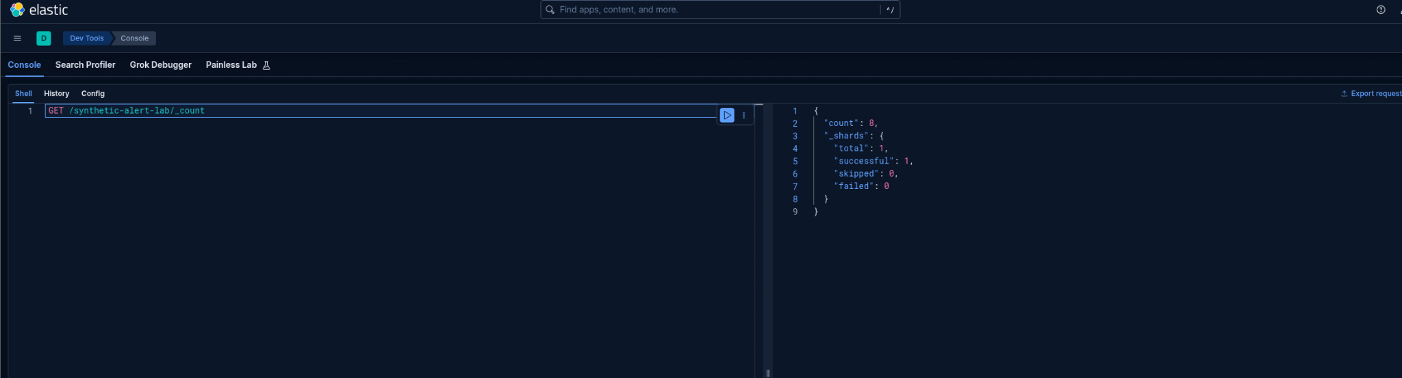 Kibana Dev Tools showing a count of eight documents in synthetic-alert-lab