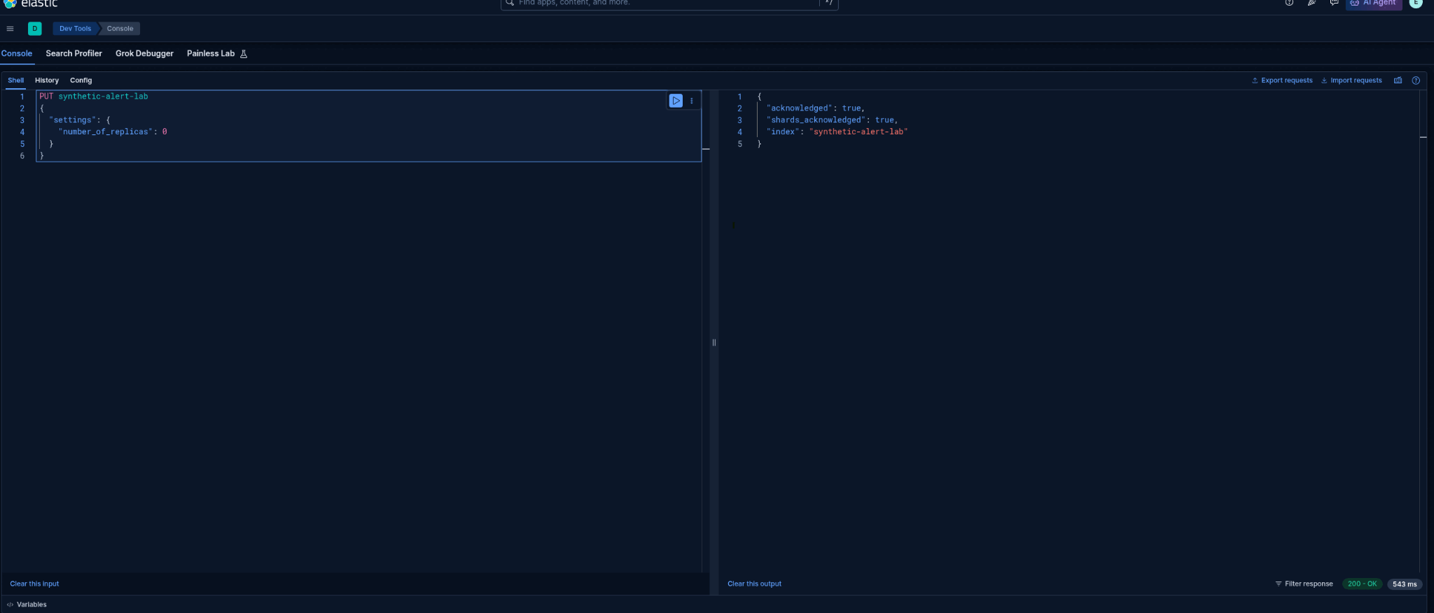 Kibana Dev Tools showing successful creation of the synthetic-alert-lab index